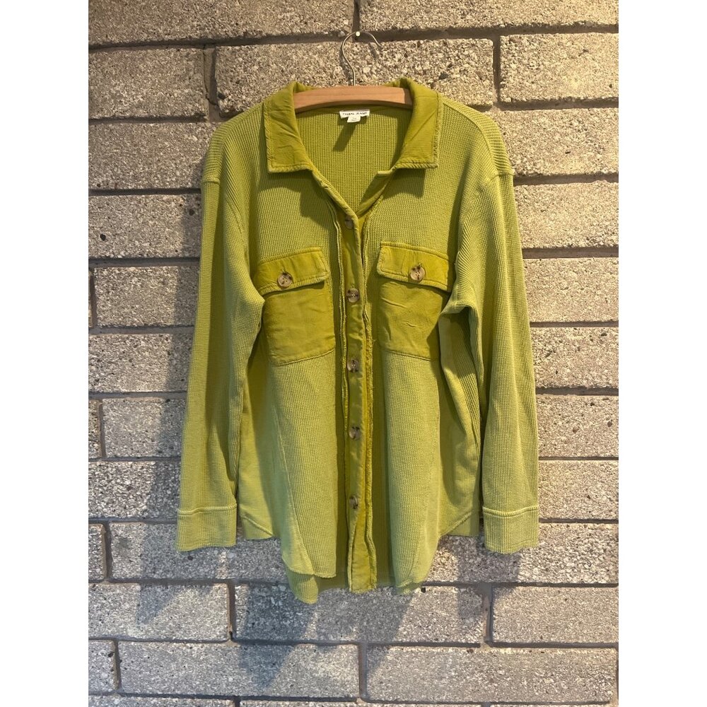 Womens Green Button-Up Waffle Shirt Jacket By Tribal Jeans Long Sleeves Collared